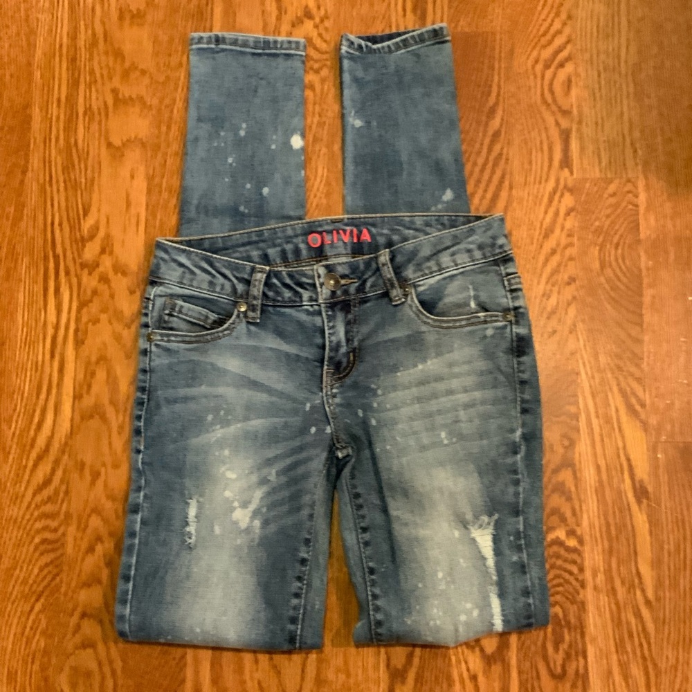 Delila Olivia Women Jeans Distressed Spattered Blue 25 X 30